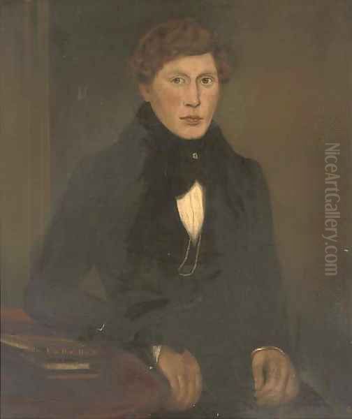 Portrait of a gentleman, seated three-quarter-length, in a black coat, resting his arm on a table Oil Painting by English School