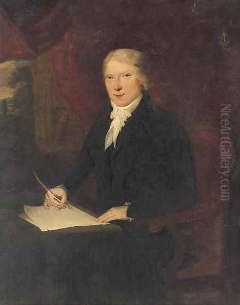 Portrait of a gentleman, seated three-quarter-length, in a black suit, at a writing table, a quill pen in his right hand Oil Painting by English School