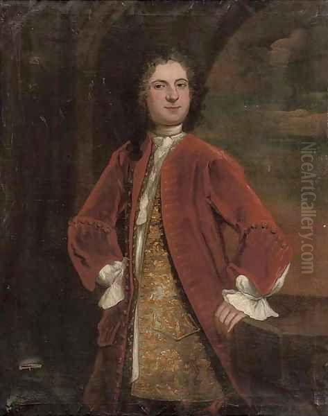 Portrait of a gentleman, three-quarter-length, in an embroidered waistcoat and red coat Oil Painting by English School