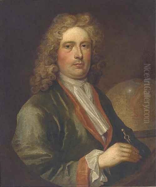 Portrait of a geographer, bust-length, holding a pair of dividers Oil Painting by English School