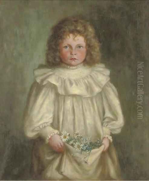 Portrait of a girl, half-length, in a white dress, with flowers in her lap Oil Painting by English School