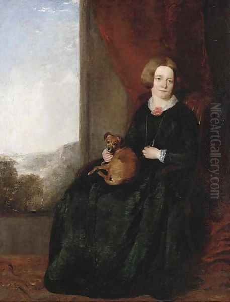 Portrait of a lady and her dog Oil Painting by English School