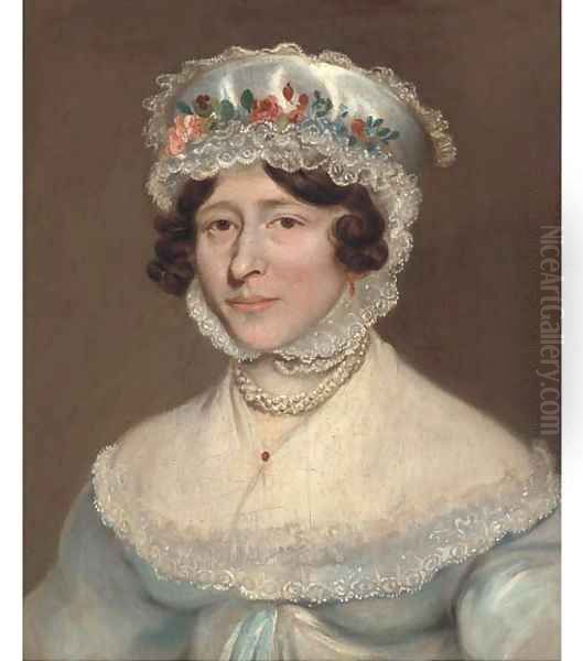 Portrait of a lady, bust-length, in a blue dress and a lace and silk bonnet with a floral border Oil Painting by English School