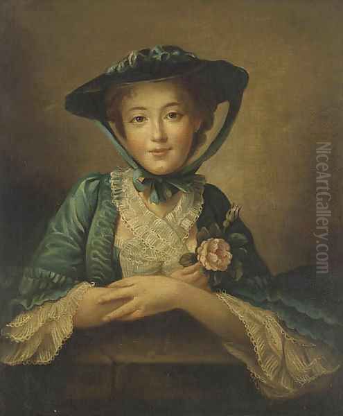 Portrait of a lady, bust-length, in a blue dress and hat holding a pink rose Oil Painting by English School