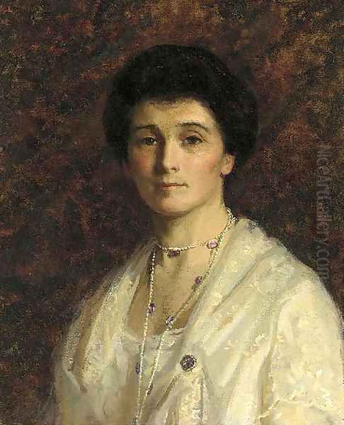 Portrait of a lady, bust-length, in a white dress Oil Painting by English School