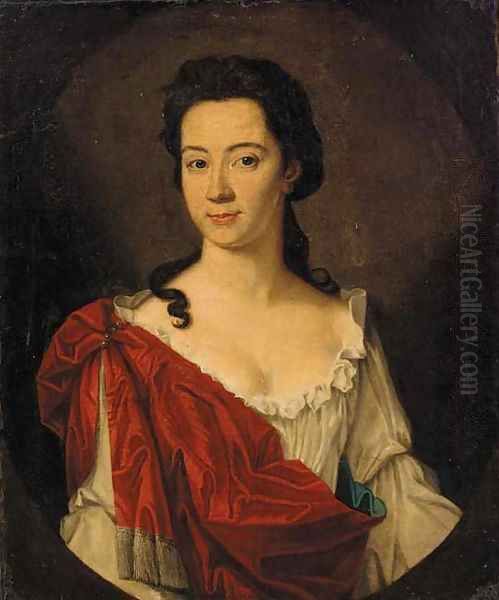 Portrait of a lady, bust-length, in a white dress and red shawl Oil Painting by English School