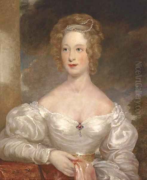 Portrait of a lady, bust-length, in a white silk dress with pearl tiara Oil Painting by English School