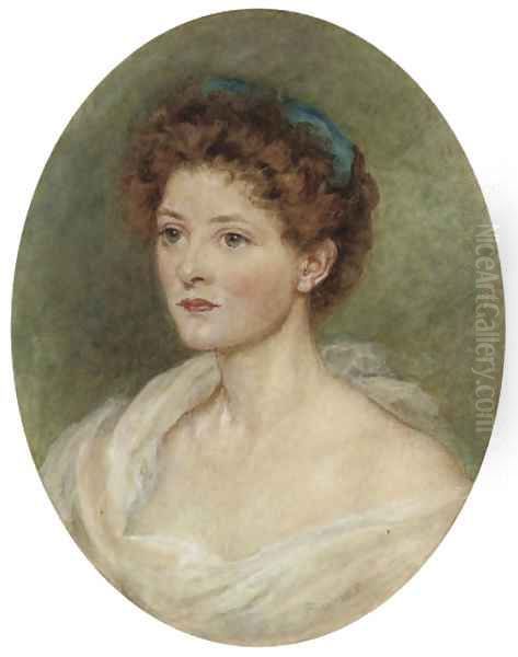 Portrait of a lady, bust-length, with a blue ribbon in her hair Oil Painting by English School