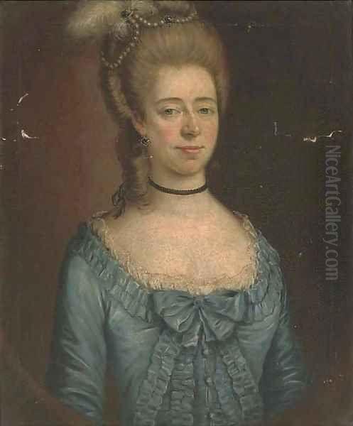 Portrait of a lady, half-length, in a blue dress, in a feigned oval Oil Painting by English School