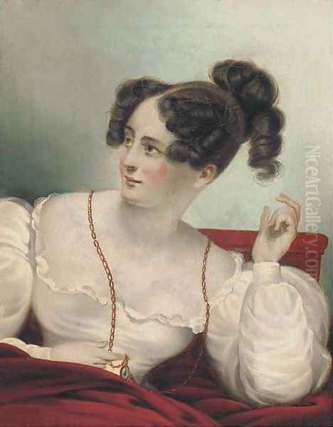 Portrait of a lady, seated half-length, in a white dress, holding a locket Oil Painting by English School