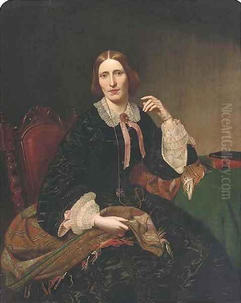 Portrait of a lady, seated three-quarter-length, in a black dress with lace trim, a paisley shawl on her knee Oil Painting by English School