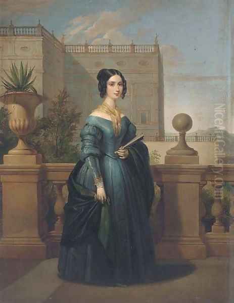 Portrait of a lady, small full-length, in a blue dress with a green wrap and a yellow scarf Oil Painting by English School