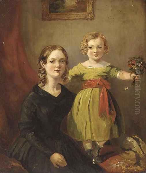 Portrait of a mother and child, the mother in a black dress and her child in a green dress holding a posy, in an interior Oil Painting by English School