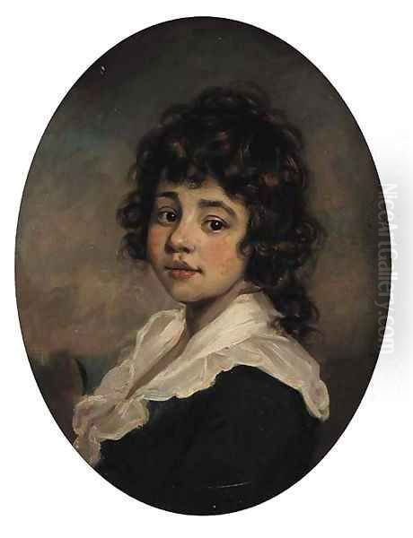 Portrait of a young girl, bust-length, in a green coat with white collar, painted oval Oil Painting by English School