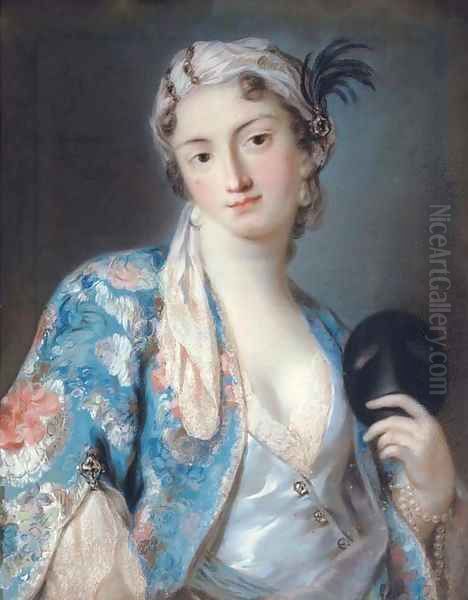 Portrait of a young lady in oriental costume, holding a carnival mask Oil Painting by English School