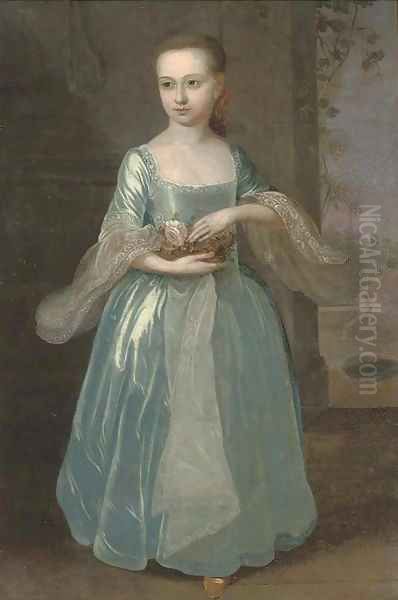 Portrait of a young lady, full-length, in a blue dress with lace trim Oil Painting by English School