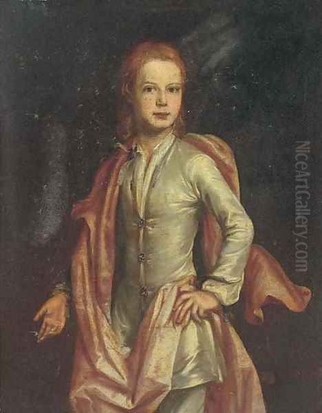 Portrait of boy, three-quarter-length, in a pale blue coat and an orange cloak Oil Painting by English School