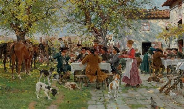 The Huntsmen's Lunch Oil Painting by Raffaelo Sorbi