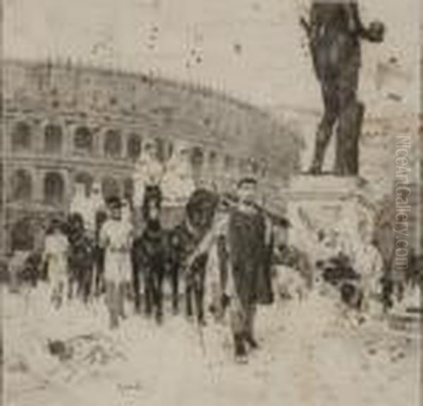 La Marcia Innanzi Al Colosseo Oil Painting by Raffaelo Sorbi