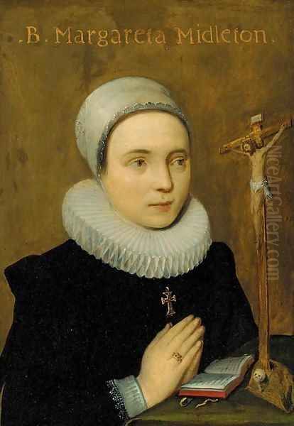 Portrait of Margareta Midleton, small half-length, praying at an altar Oil Painting by English School