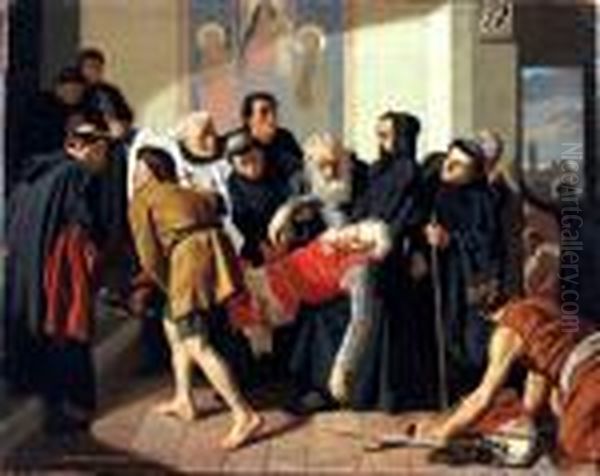 La Morte Di Corsodonati Olio Su 
Tela Cm 30x38 Firmato E Datato In Basso A Sinistra:r.sorbi 1865 Oil Painting by Raffaelo Sorbi