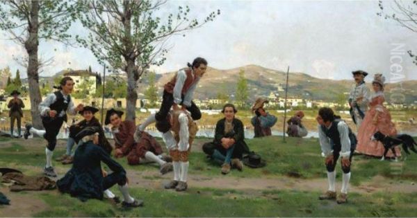 Saltarello Cavallucio (a Game Of Leapfrog) Oil Painting by Raffaelo Sorbi