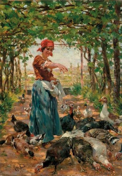 Feeding The Ducks And Turkeys Oil Painting by Raffaelo Sorbi