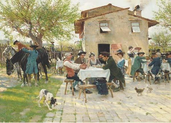 A Sunlit Osteria Oil Painting by Raffaelo Sorbi