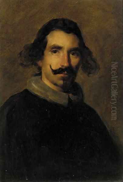 Portrait of the artist, small quarter-length, in a black cloak Oil Painting by English School