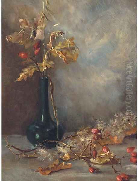 Rosehips in a vase Oil Painting by English School