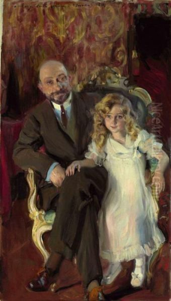 Portrait Of Carlos Urcola Ibarra With His Daughter, Eulalia Oil Painting by Joaquin Sorolla Y Bastida