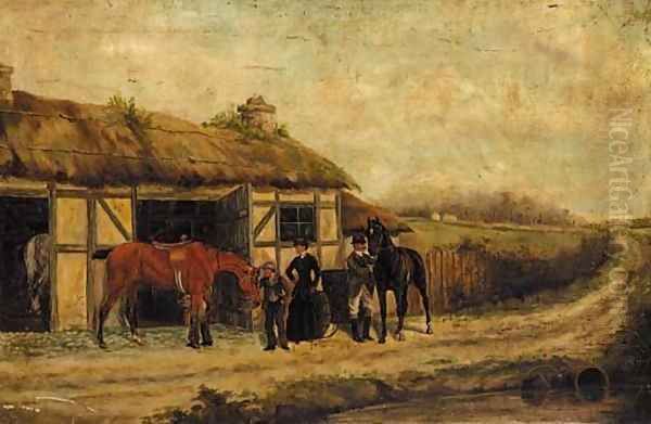 Saddling up Oil Painting by English School