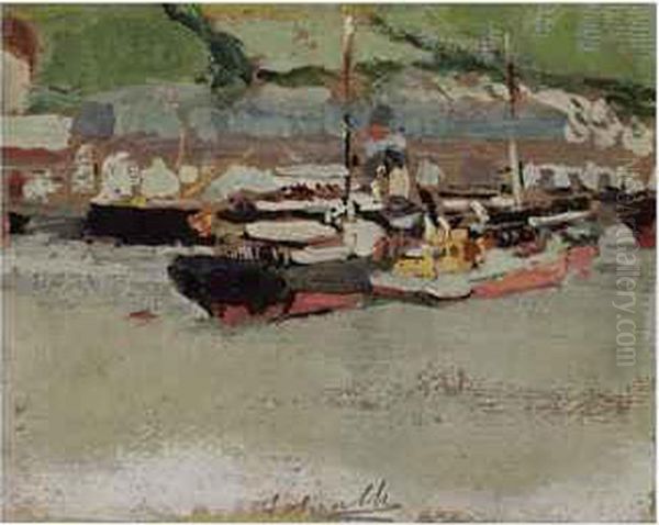 Boats In A Harbor Oil Painting by Joaquin Sorolla Y Bastida