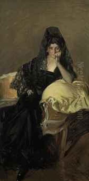 Portrait Of Senora De Urcola Wearing A Black Mantilla Oil Painting by Joaquin Sorolla Y Bastida