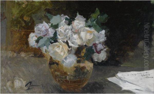 Bodegon De Rosas Blancas (bouquet Of White Roses) Oil Painting by Joaquin Sorolla Y Bastida