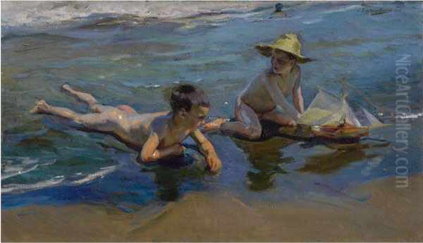 Ninos En La Playa (children Playing On The Beach) Oil Painting by Joaquin Sorolla Y Bastida