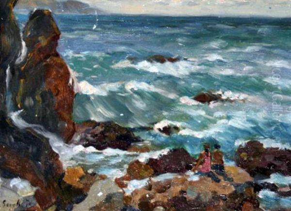 Figures Seated On The Shore Oil Painting by Joaquin Sorolla Y Bastida