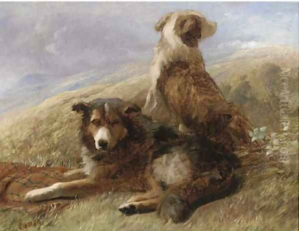 Sheepdogs resting in a landscape Oil Painting by English School