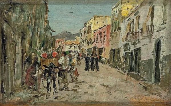 A Spanish Street Oil Painting by Joaquin Sorolla Y Bastida