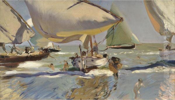 Barcas En La Playa (boats On The Shore) Oil Painting by Joaquin Sorolla Y Bastida