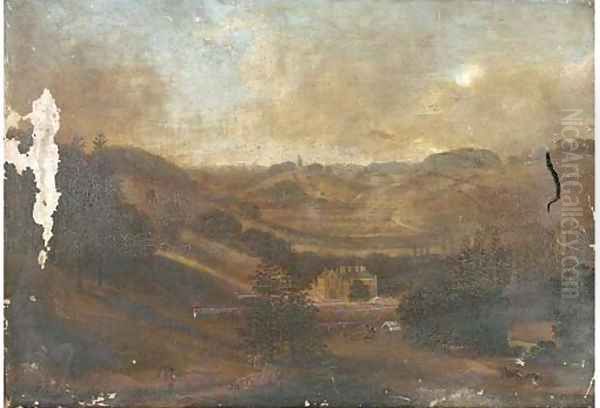 Soldiers on parade outside a country manor, in an extensive landscape Oil Painting by English School