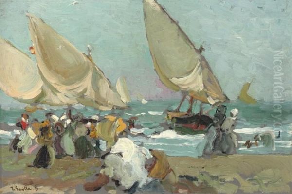 Boats On The Beach Of Valencia Oil Painting by Joaquin Sorolla Y Bastida