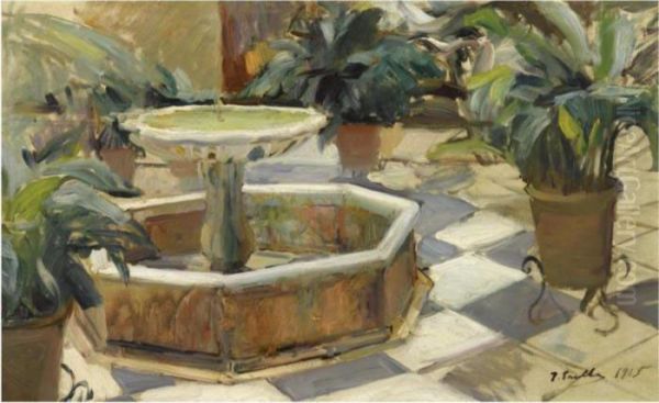 Fuente En Un Patio Sevillano (fountain In A Courtyard Oil Painting by Joaquin Sorolla Y Bastida