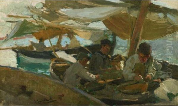 Pescadores En El Bote (fishermen On A Boat) Oil Painting by Joaquin Sorolla Y Bastida