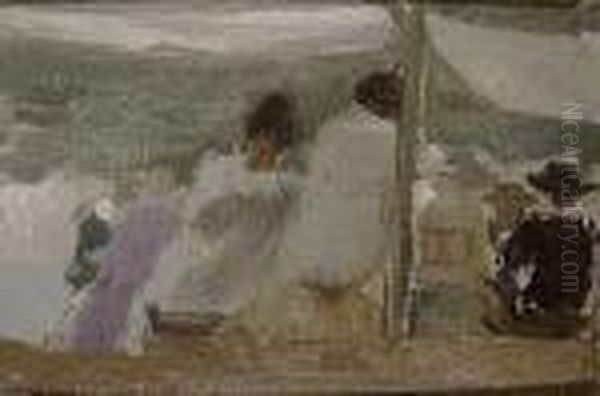 Figuras Bajo Los Toldos. Playa De San Sebastian Oil Painting by Joaquin Sorolla Y Bastida