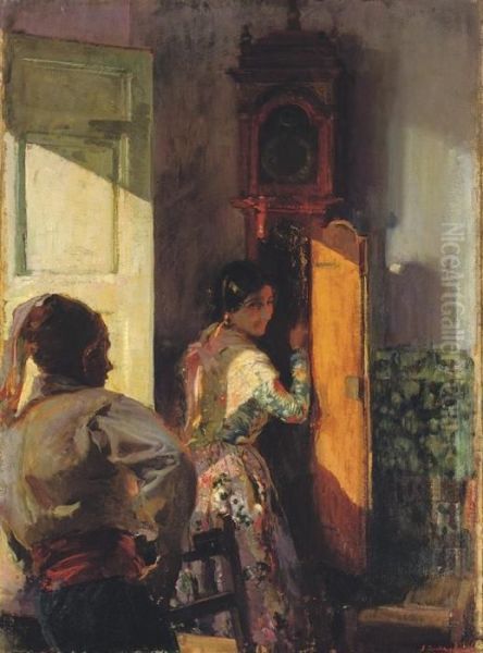 Dando Cuerda: Winding The Clock Oil Painting by Joaquin Sorolla Y Bastida