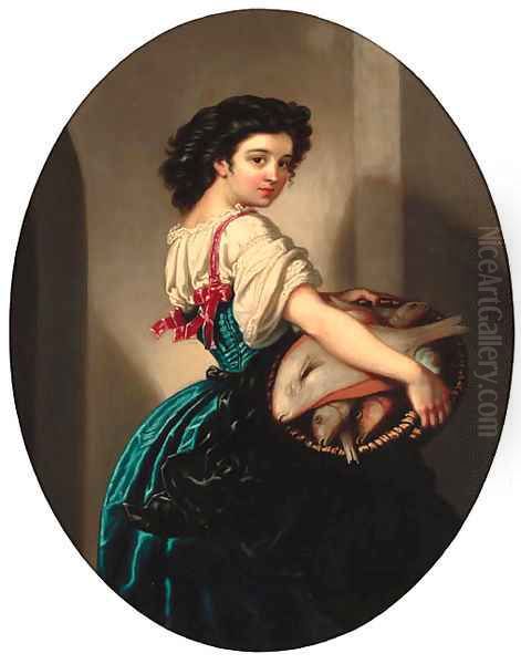 Study of a girl with a basket of fish Oil Painting by English School