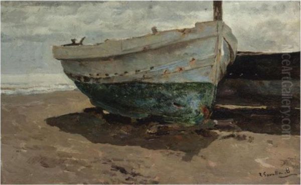 Barcas En La Playa (boats On The Beach) Oil Painting by Joaquin Sorolla Y Bastida