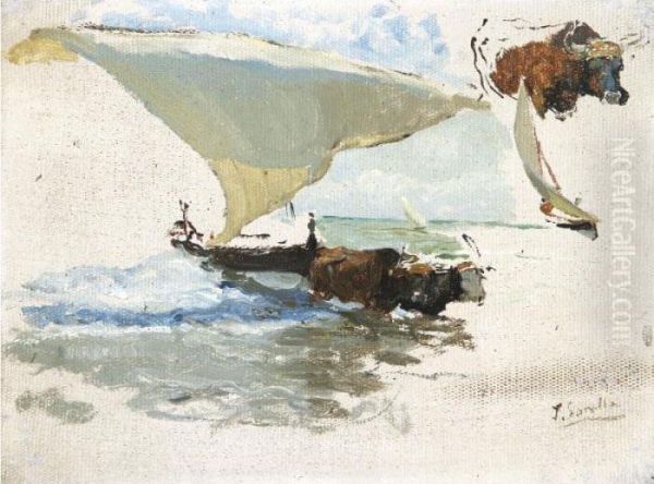 Bueyes Sacando La Barca. Estudio
 Para 'la Vuelta De La Pesca' (beaching The Boat, Study For 'la Vuelta 
De La Pesca') Oil Painting by Joaquin Sorolla Y Bastida