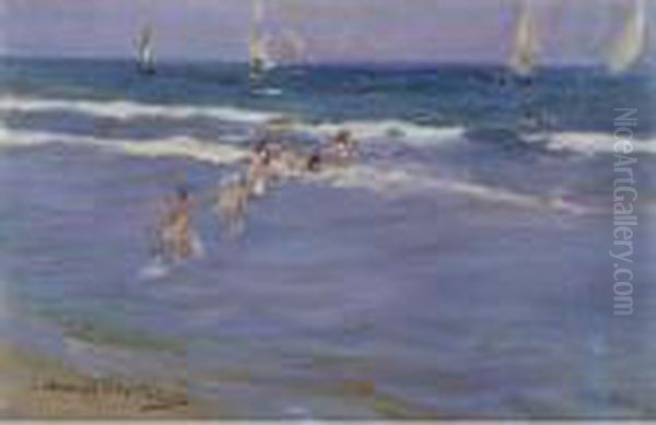 Ninos En El Mar (children In The Sea) Oil Painting by Joaquin Sorolla Y Bastida